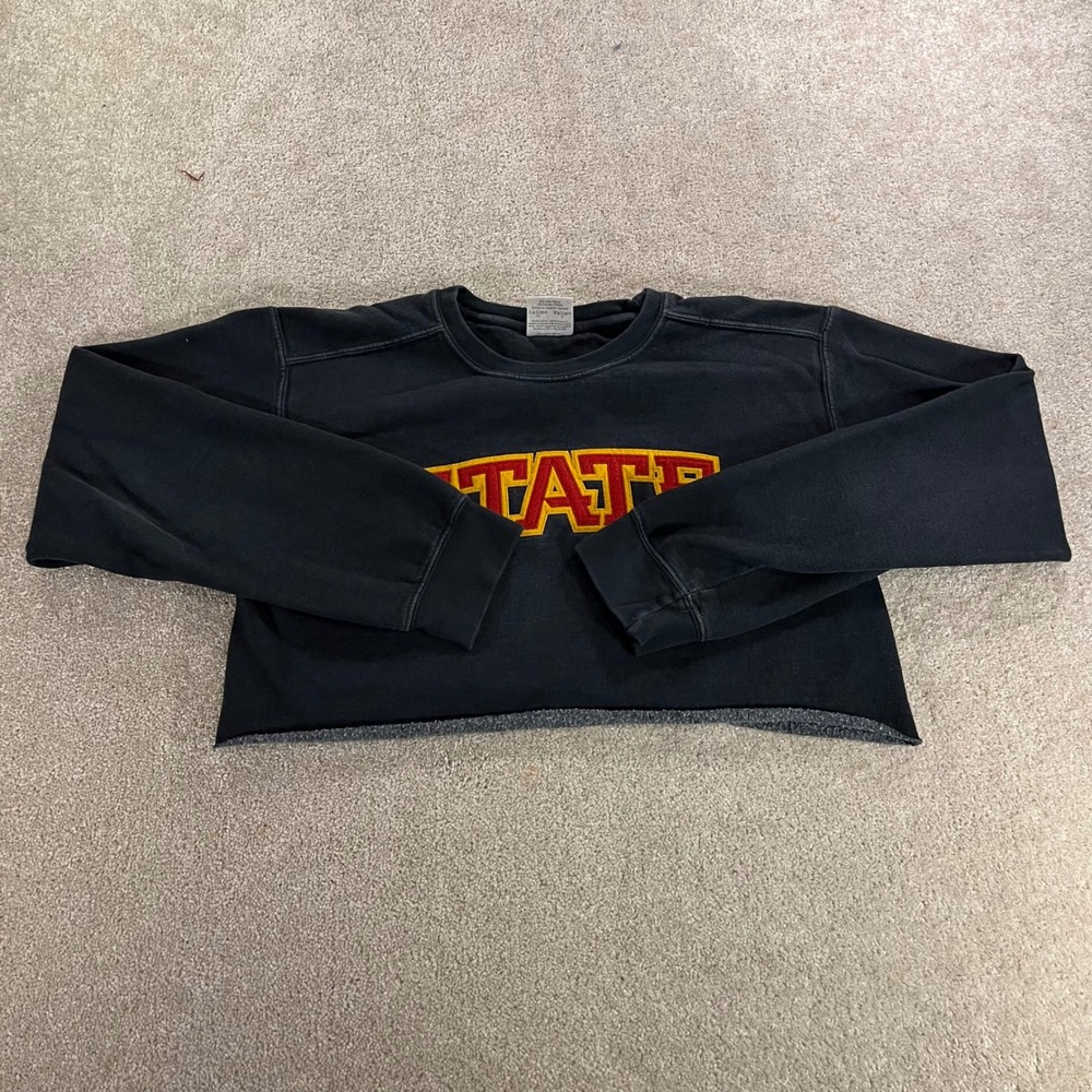 Comfort Colors Sweatshirt Womens Small‎ Black Cropped State Collegiate Raw Hem